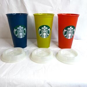 Starbucks Reusable Color Changing Cold Hot Plastic Cups Set of 3 w/ Coffee Lids